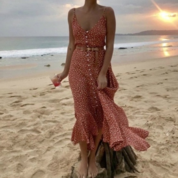 Boho Polka Dot Button up Cami Maxi Dress - Picture 4 of 7